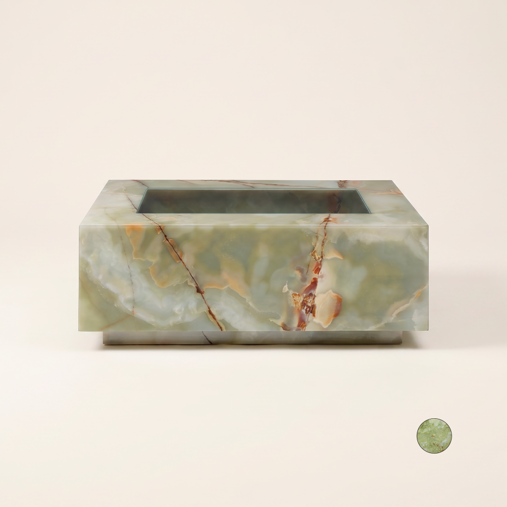 Lunéa backlit green onyx display table by Vittorio Collection