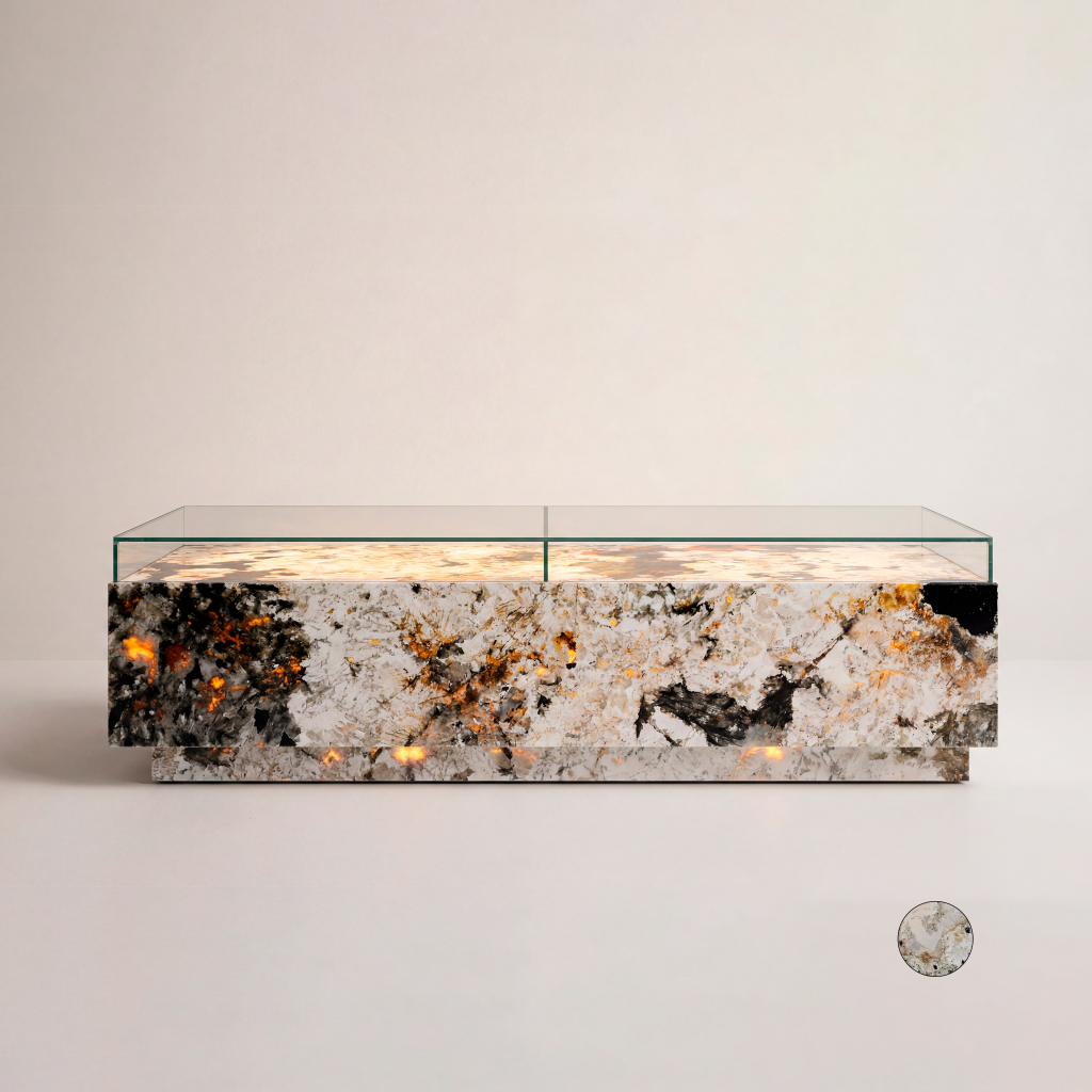Ombra Lunare backlit Alpinus quartzite table by Vittorio Collection